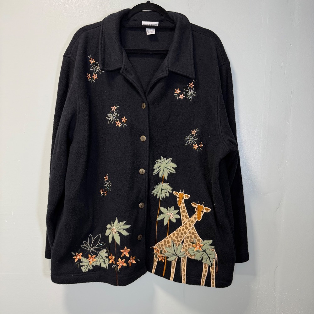 Vintage Alfred Dunner Black Fleece Embroidered Giraffe Cardigan Jacket XL Artsy